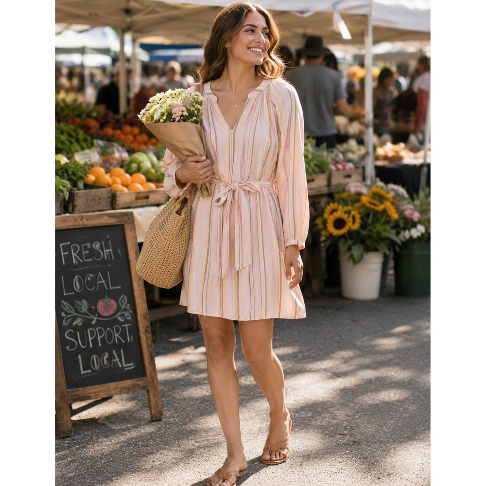 Xirena Sabrine Dress Villa Striped Tie Waist Pink Orange Brown Cotton Size Small